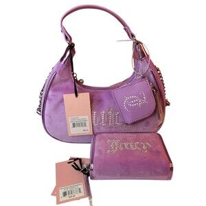 Juicy Couture String of Pearls Hobo Crossbody & Zip Wallet Violet Tulle NWT